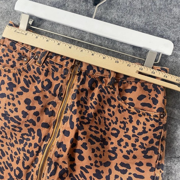 Free People Skirt 26 Orange Black Leopard Print Denim Mini Zip It Up High Rise - Picture 9 of 11